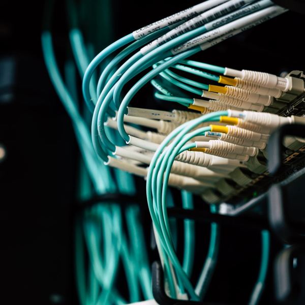 Cabos de fibra ótica ligados a um servidor